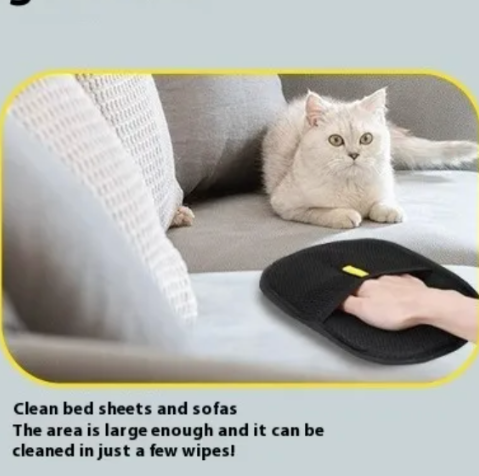 Black pet grooming tool with images of pets and text highlighting its uses.